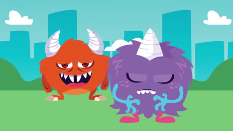 two cute cartoon monsters in a city park