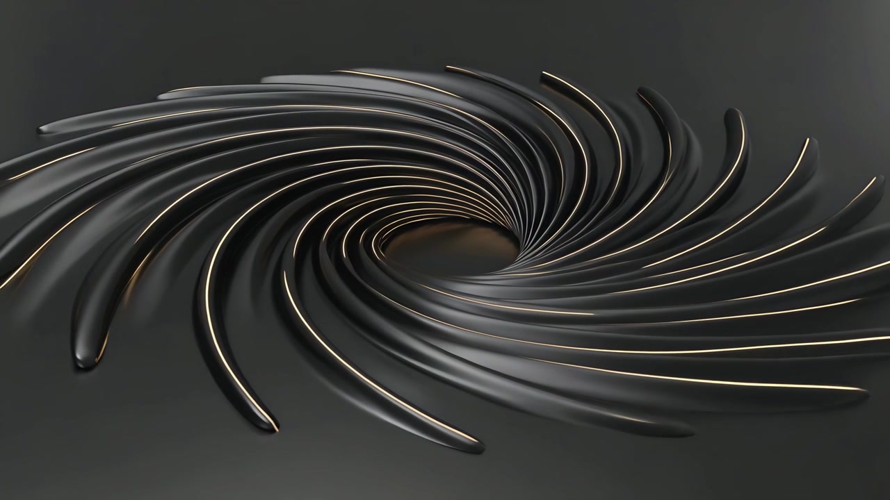 Rotating glossy black spiral tightening toward central void on dark floor, with twenty blades