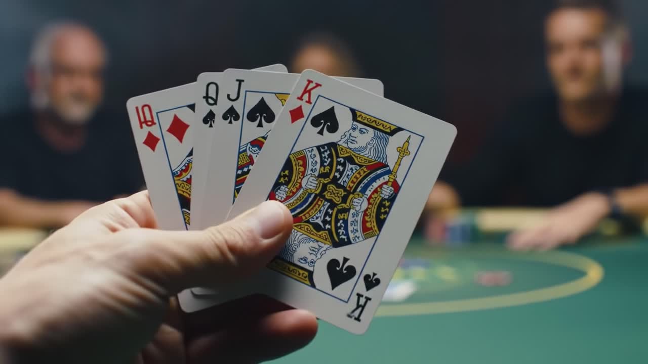 Intense Poker Showdown: A Hand Revealed in a High-Stakes Game with Focused Players at the Table Engaging in Strategy and Bluffing