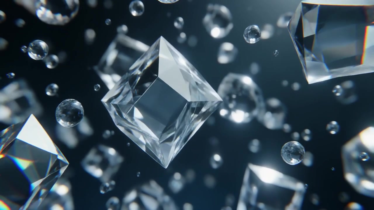 Cristalli e sfere geometriche trasparenti fluttuanti nello spazio scuro