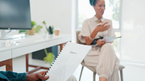 Business-woman,-talking-or-meeting-with-paper