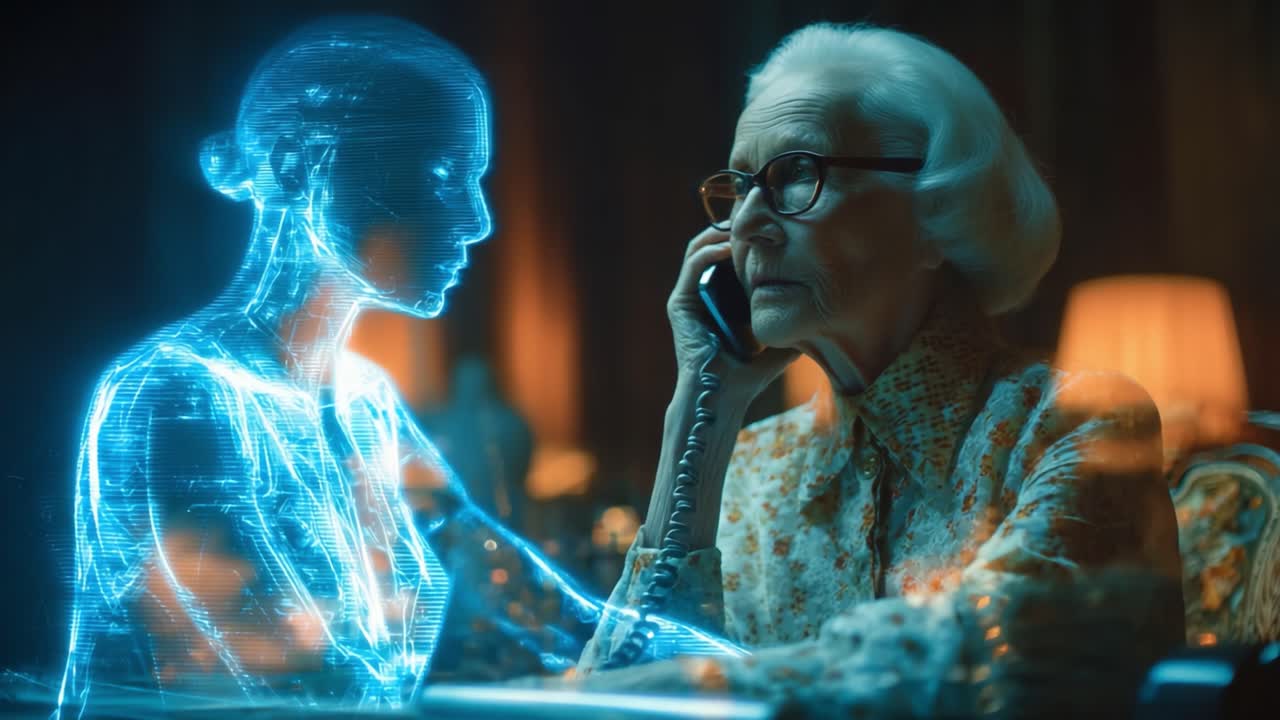 Un'anziana donna intavola una conversazione toccante con un compagno olografico, fondendo i regni della tecnologia e dell'emozione in una scena accattivante