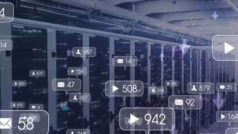 animación de múltiples iconos de redes sociales contra cuadrados de mosaico sobre la sala del servidor de la computadora