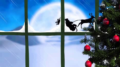 Christmas-tree-and-window-frame-against-santa-claus-in-sleigh-being-pulled-by-reindeers