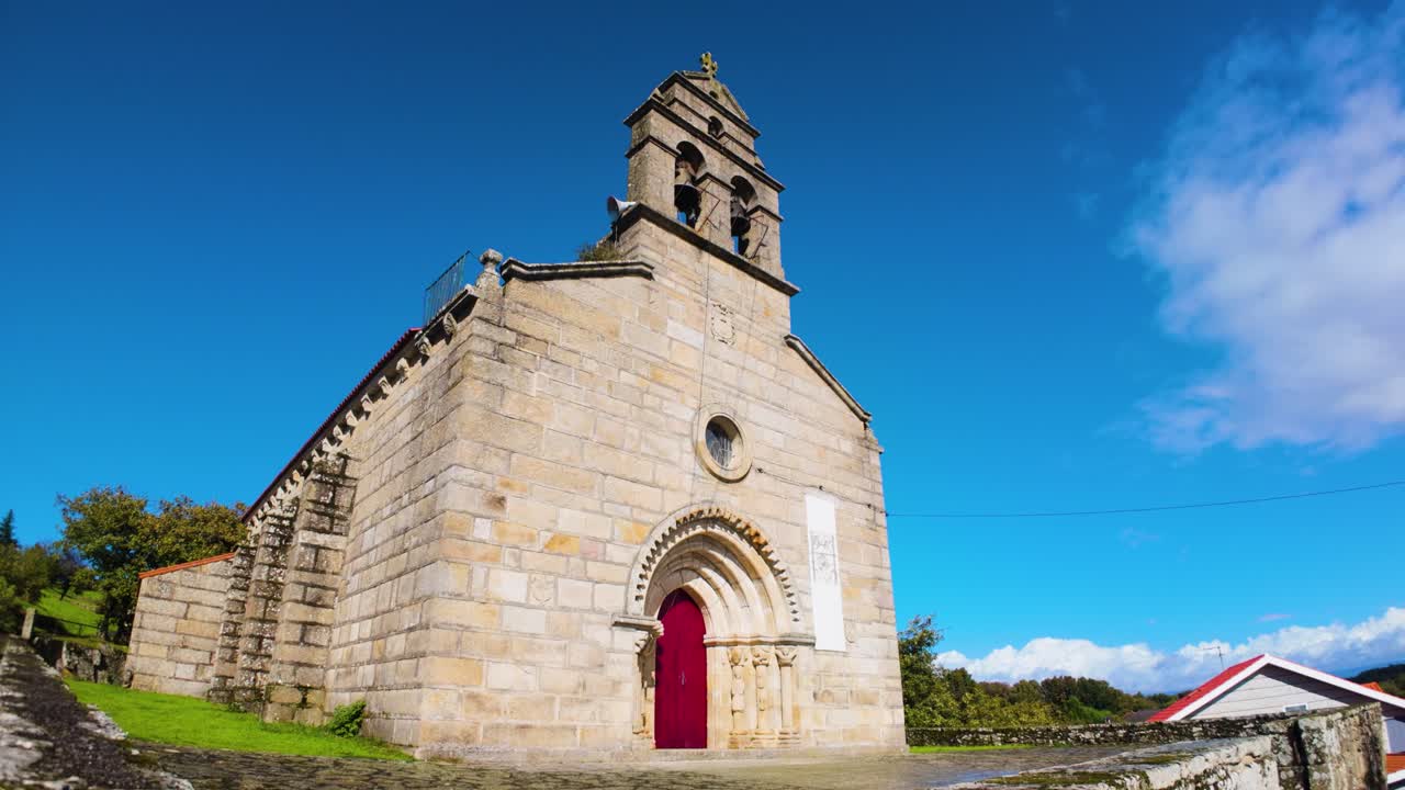 Facade of San Xoan church, an architectural landmark in Vilar de Santos, Galicia, Spain