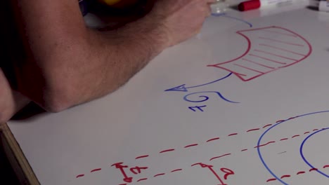 close up, person draws technical diagram on horizontal dry-erase board