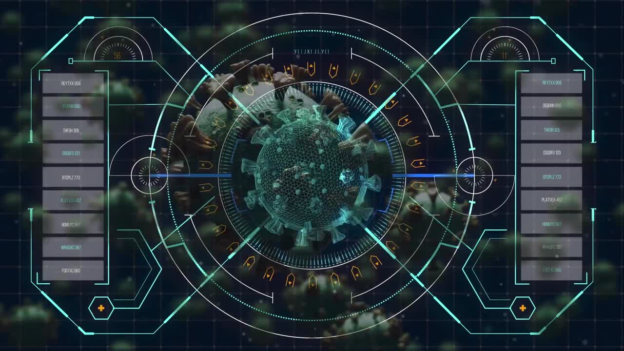 цифровой интерфейс с обработкой данных против сканирования масштаба над ячейкой covid-19 на черном фоне