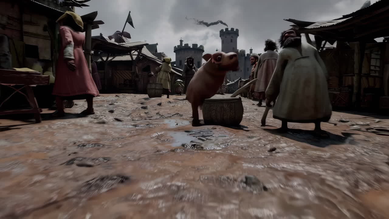 Medieval Town Scene with Pig