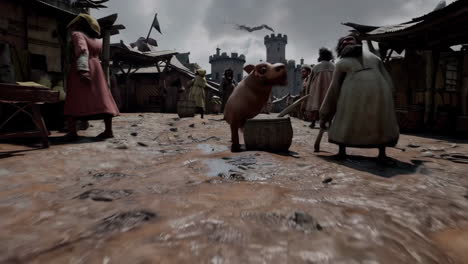 medieval town scene with pig