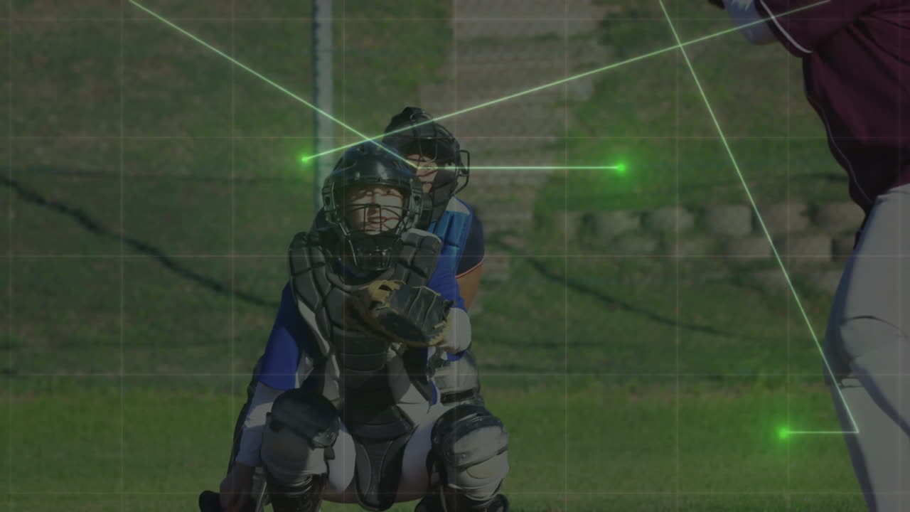 Baseball pitch trajectory analysis animation over players on field