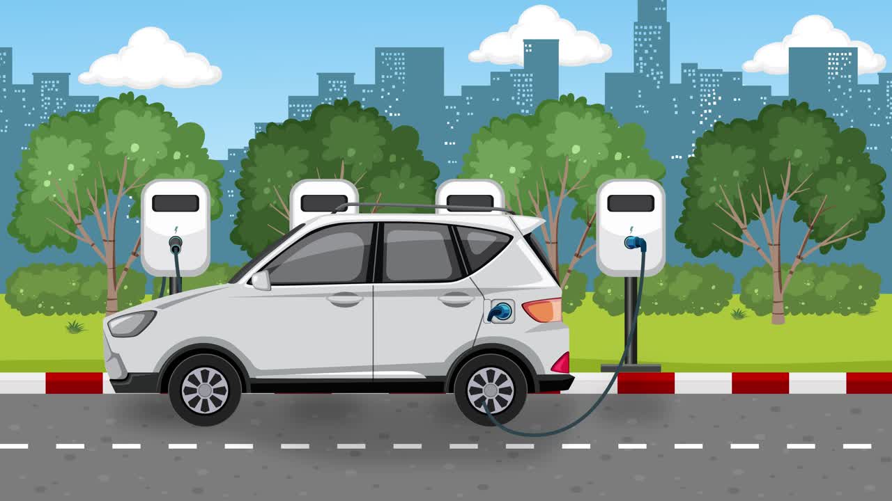 Animation of an electric car charging at a station in a cityscape, highlighting sustainable transportation and clean energy