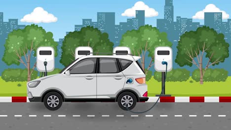 animation of an electric car charging at a station in a cityscape, highlighting sustainable transportation and clean energy