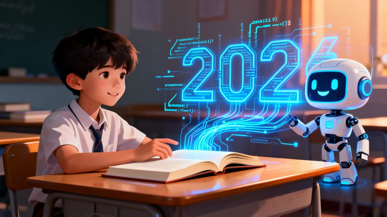 Emerging book hologram teaching student at school desk in white shirt tie touching 2026 with robot