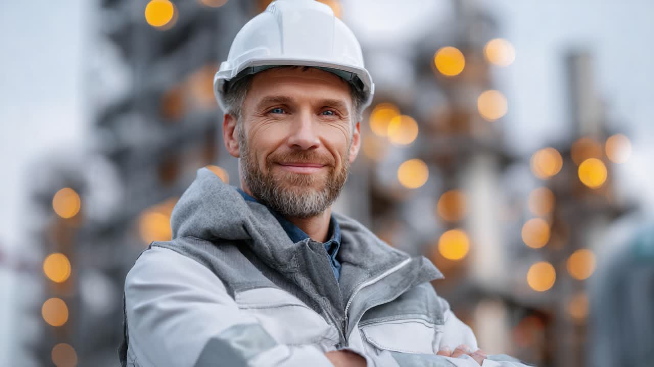 Confident Construction Worker Smiling in Front of Industrial Background, Showcasing Expertise and Safety in Modern Engineering Environment