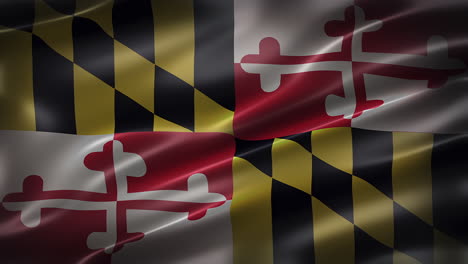 la bandera del estado de maryland, vista de fuente, cuadro completo, elegante, brillante, revoloteante, elegante textura sedosa, ondeando en el viento, animación realista de 4k cg, aspecto de película, sin problemas de bucle