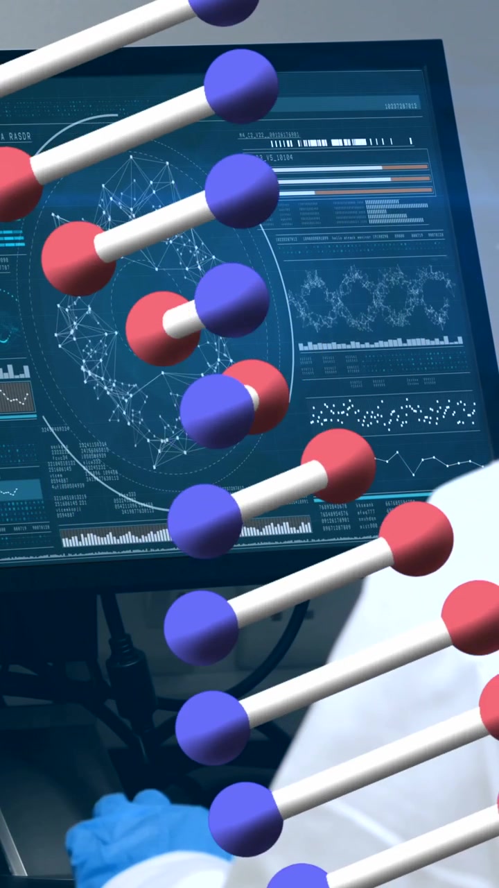Animation of dna strand over caucasian female scientist using computer