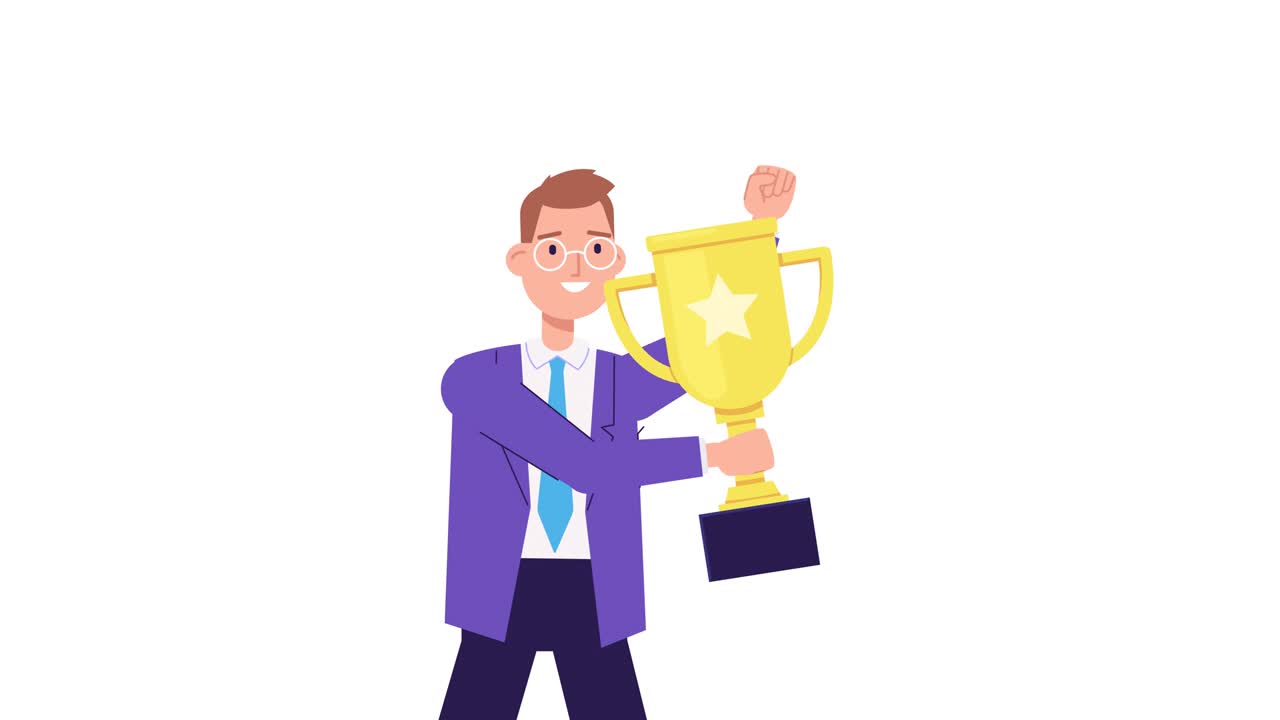 골든 트로피 컵을 들고 있는 사업가. 만화 스타일 애니메이션. 1위 개념, 성공, 승리, 챔피언 보상. 사업 성과, 경쟁 우승자, 축하. 행복한 사무실 직원