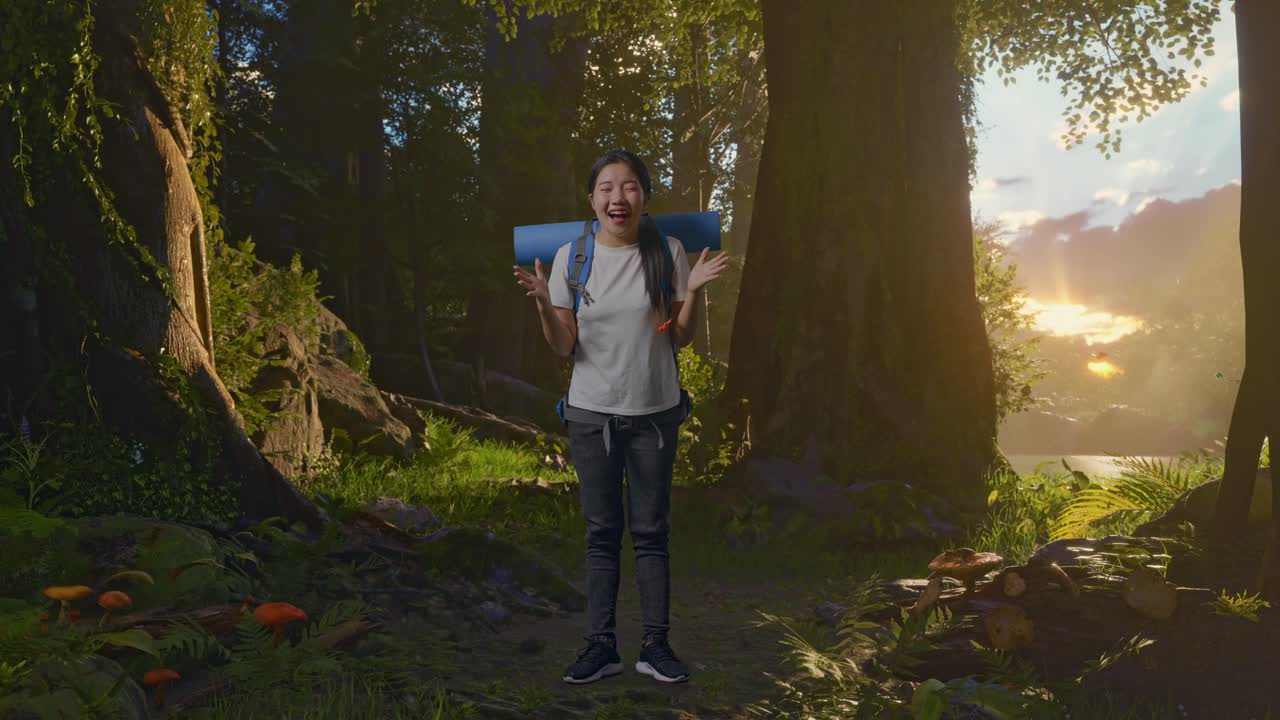 mujer emocionada caminando en un bosque