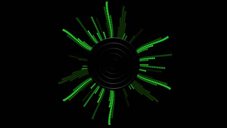 virtual circular equalizer. vertical columns of squares in the green neon laser spectrum, dynamic pixel vibrations for a nightclub or show.