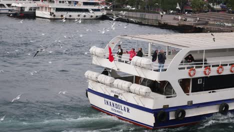 a ferry boat sailing in the sea with people on board and seagulls flying around