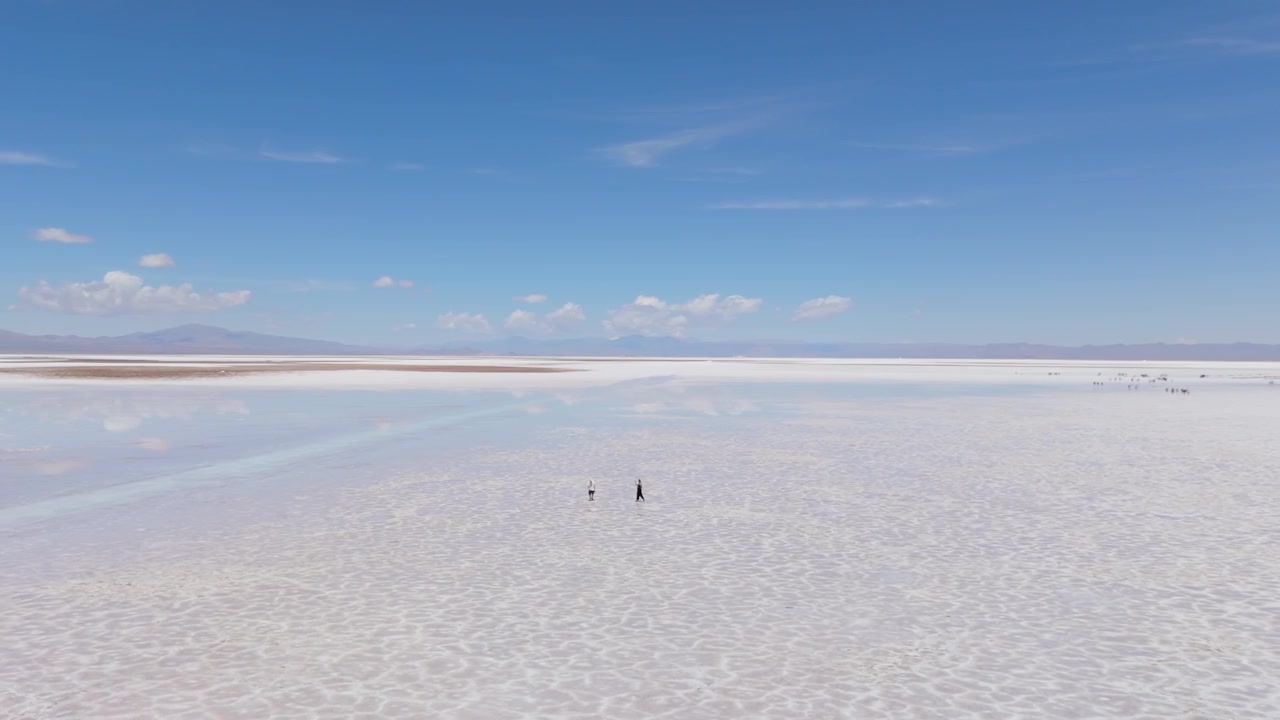Drone de visitantes na reflexiva salina Salinas Grandes, em órbita aérea.