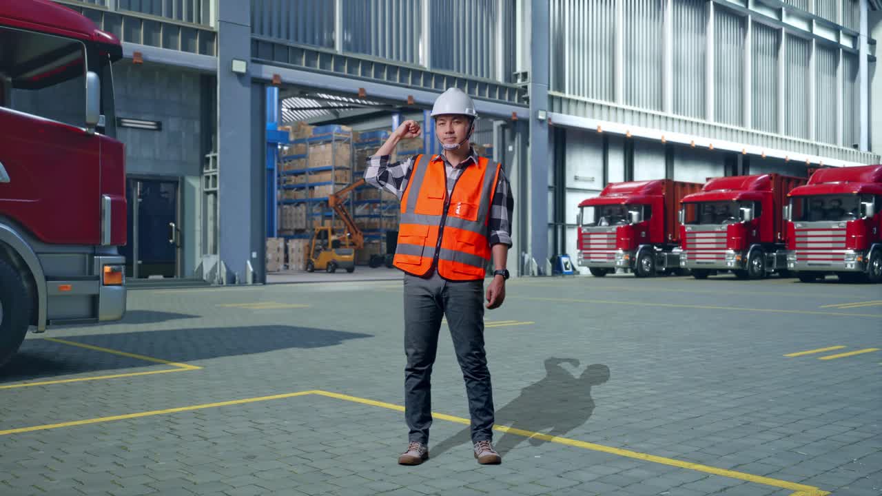 Full Body Of Asian Male Engineer With Safety Helmet Flexing His Bicep And Smiling To Camera While Standing , Outside of Logistics Distributions Warehouse