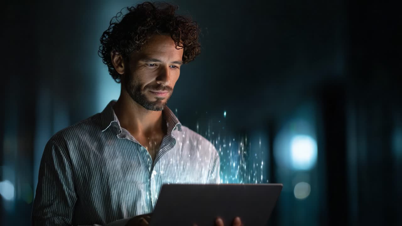 A focused individual engaging with a laptop, surrounded by an ethereal glow that represents digital innovation and creative technology in a dimly lit environment