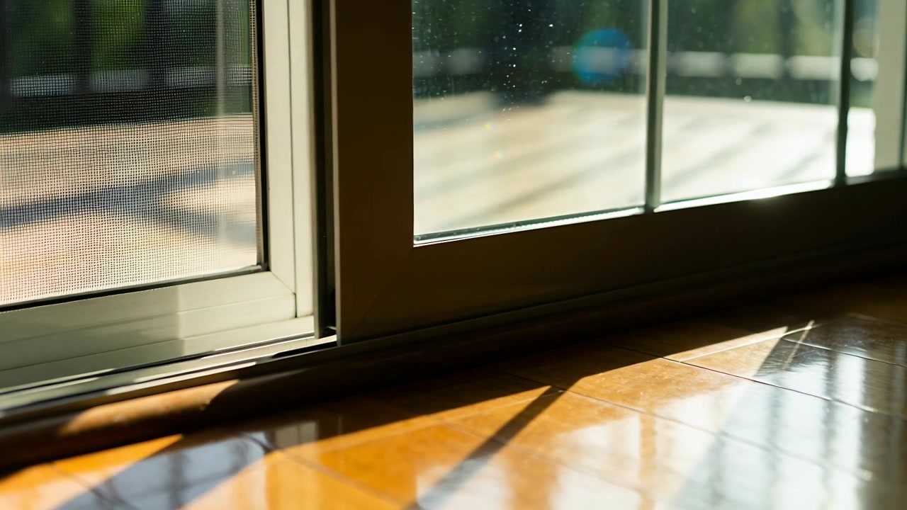 Sich verlagerndes Sonnenlicht einer Glasschiebetür erzeugt zu Hause ein diagonales Glanzlicht auf glänzendem Boden, mit Wassertropfen.