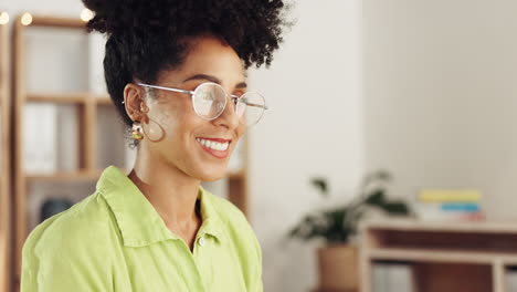 happy, woman and glasses on computer in night