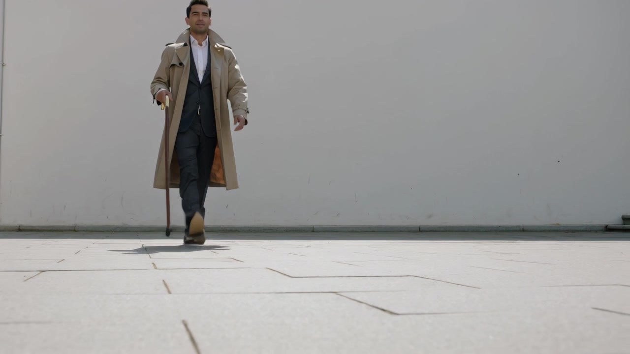 Uomo che cammina in trench color cammello e completo, che inizia a muoversi verso la telecamera in una piazza pavimentata, tenendo un bastone.
