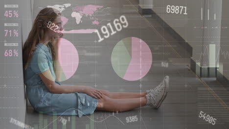 animation of infographic interface, caucasian woman sitting on floor and talking on cellphone