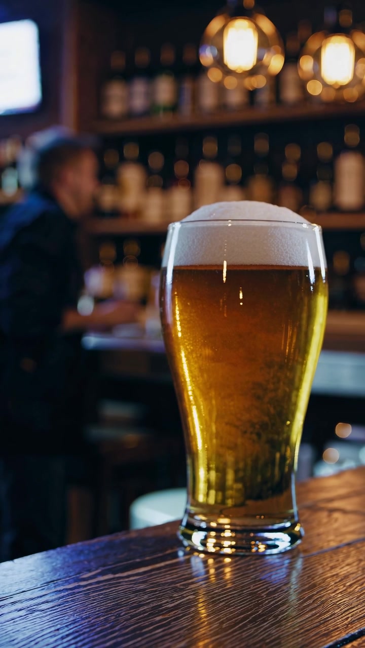 Un bicchiere di birra fredda sul bancone di un bar