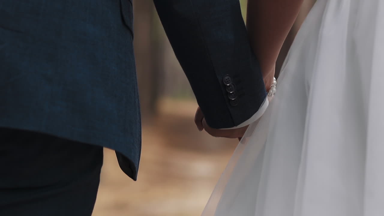 Newlywed wife and husband walk joining hands at wedding
