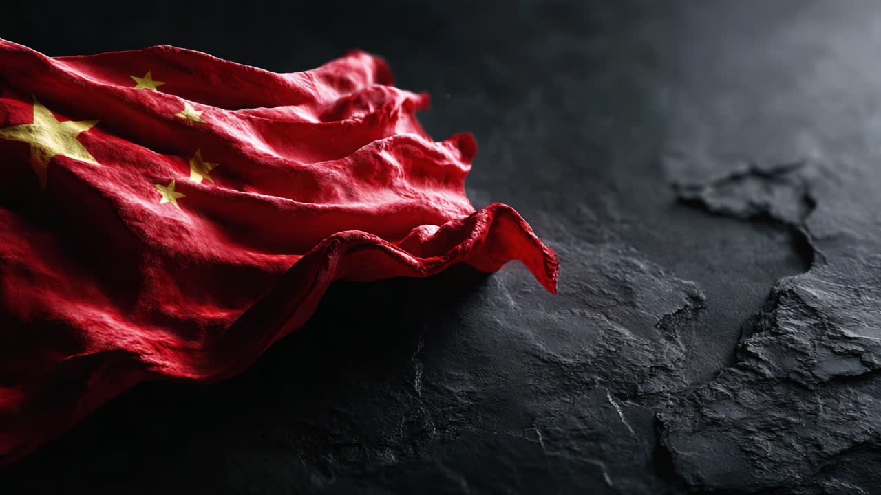 A Vibrant Chinese Flag Elegantly Draped Over a Textured Surface, Symbolizing National Pride and Cultural Heritage Against a Dark Background