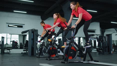grupo de mujeres atléticas en bicicleta estacionaria rutina de entrenamiento en gimnasio, pérdida de peso en interiores