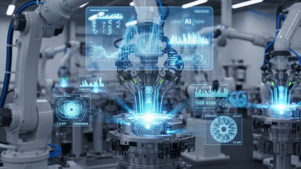 A high-tech manufacturing environment showcases robotic arms equipped with advanced displays that present data analytics and operational insights, optimizing industrial processes with precision and innovation
