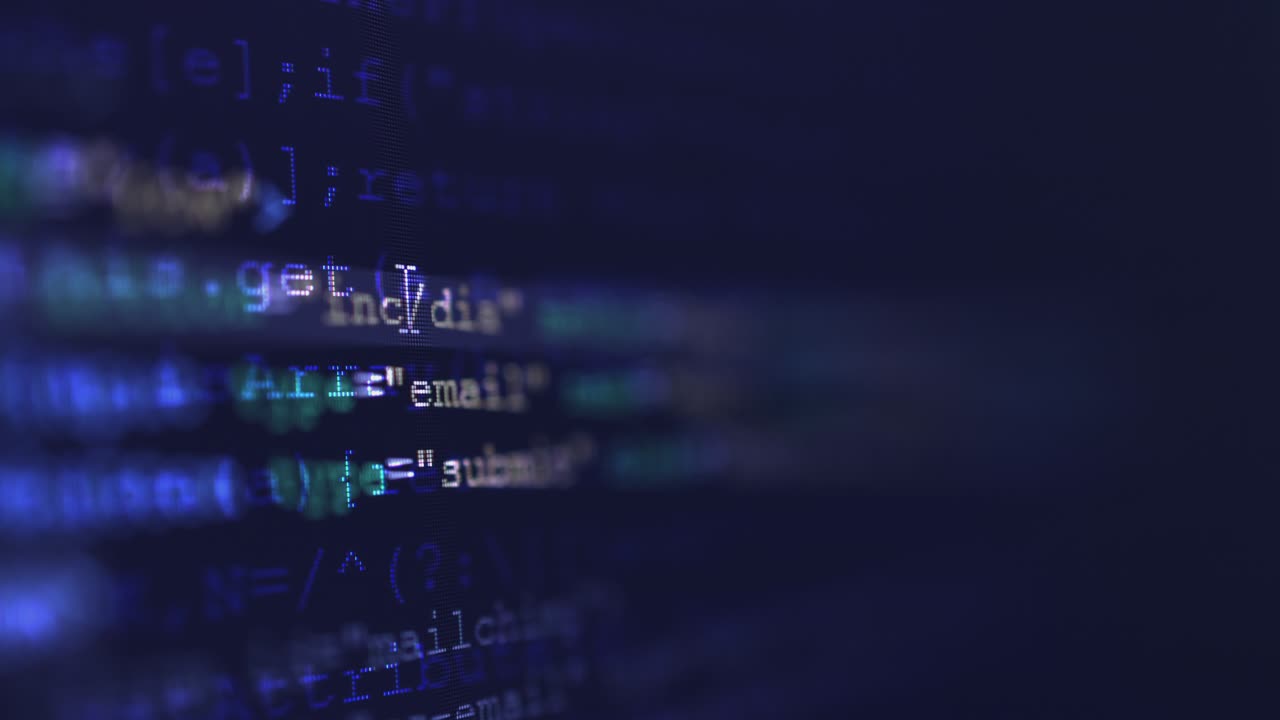 4k de primer plano disparado código de etiqueta html en el monitor de la pc desplazarse hacia abajo en la pantalla azul.