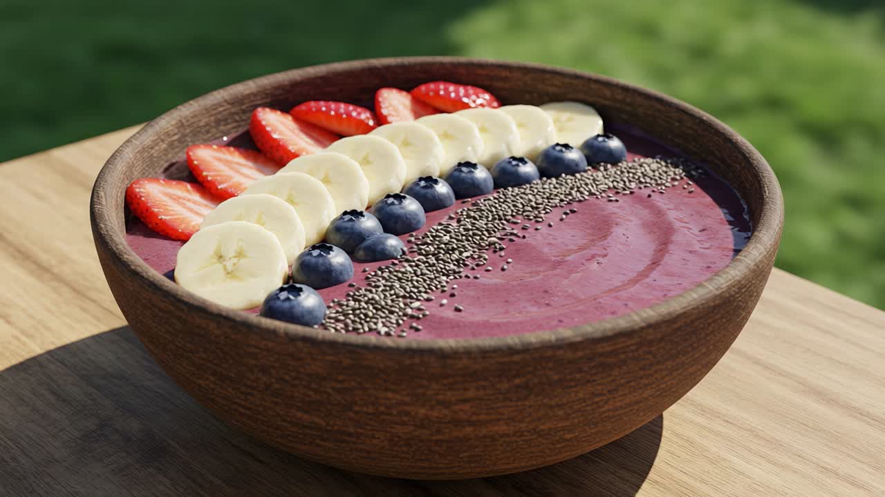 Una ciotola di smoothie nutriente splendidamente disposta, decorata con fragole, banane, mirtilli e semi di chia vivaci, che cattura l'essenza di un'alimentazione sana e della presentazione