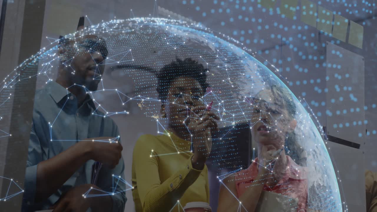 Animation of network of connections and globe over diverse business people in office