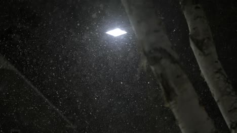 slow motion snowfall at night, evening, street lamp, lantern is shining in the darkness, winter, copy space