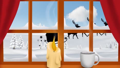 animation of santa claus in sleigh with reindeer seen seen through window