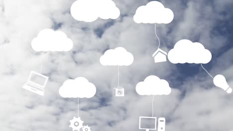 animation of digital icons falling off white clouds