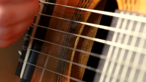 macro shot of acoustic guitar strings being played