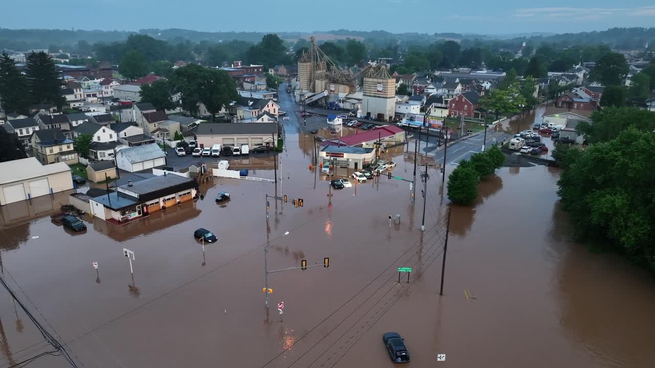Aerial view of flooded American town. Submerged streets, stranded cars and rising water levels after heavy rainfall. Natural disaster scene in small-town US. Hurricane Harvey 2025
