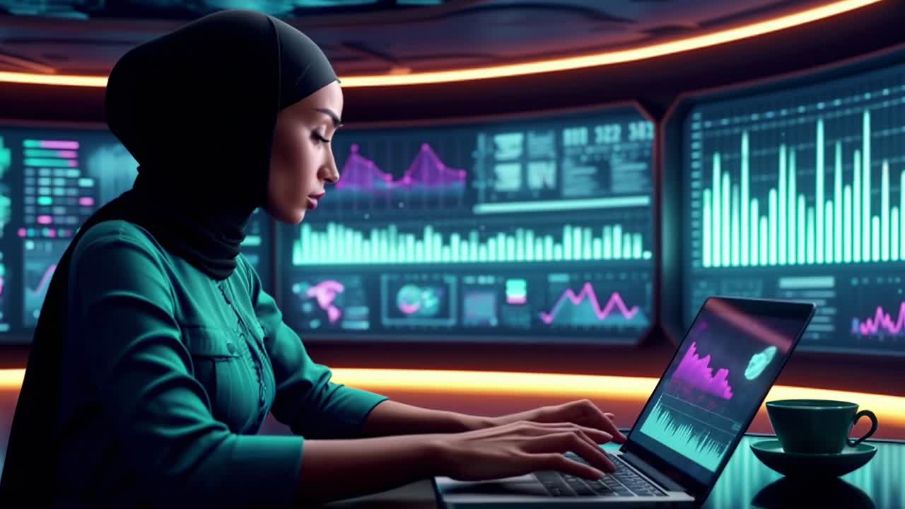 Angolazione laterale di una donna che analizza dati su un laptop, circondata da schermi luminosi, stile video.