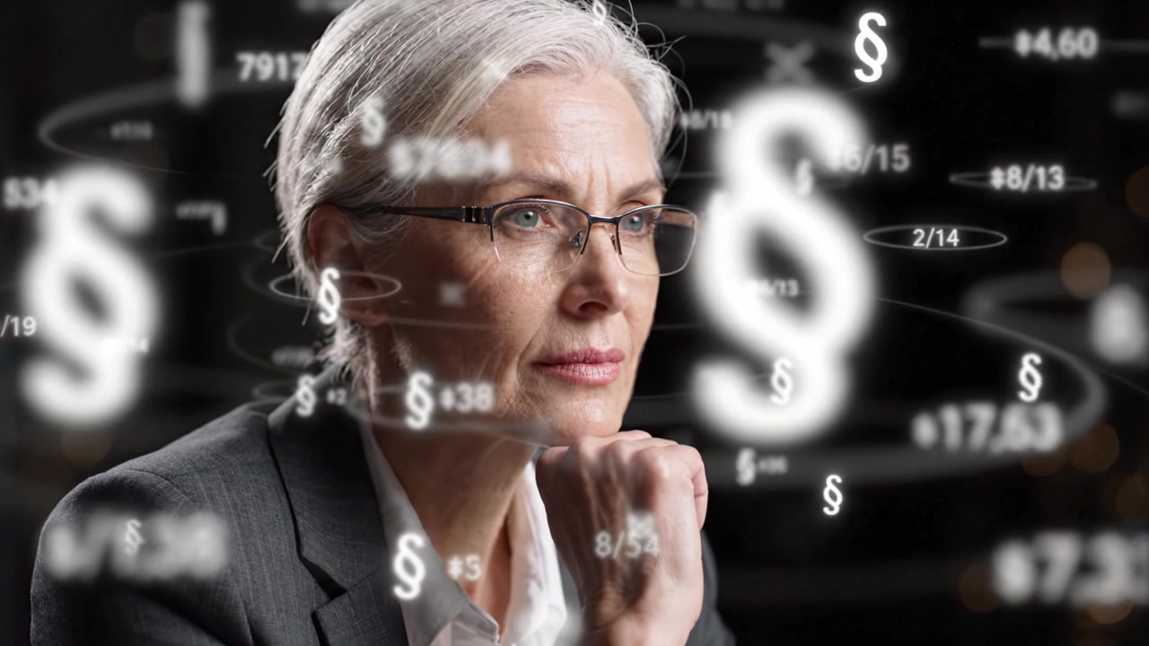 Uma Mulher Pensativa em Traje de Negócios Contempla Dados Financeiros, Analisando Estratégias e Decisões Em Meio a Visuais Abstratos de Moeda e Estatísticas.