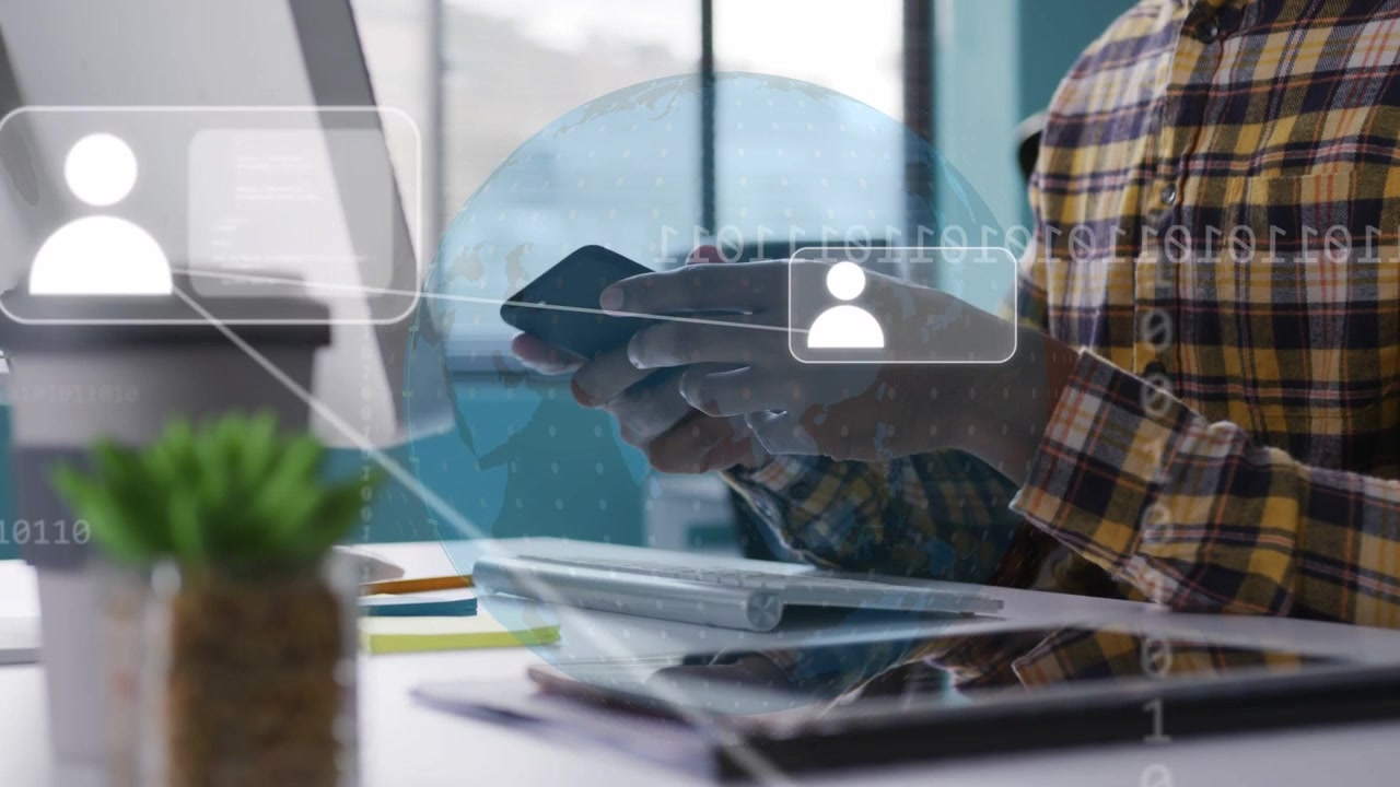 Man tapping phone at desk, starting tech avatars and typing on keyboard tablet syncing globe data