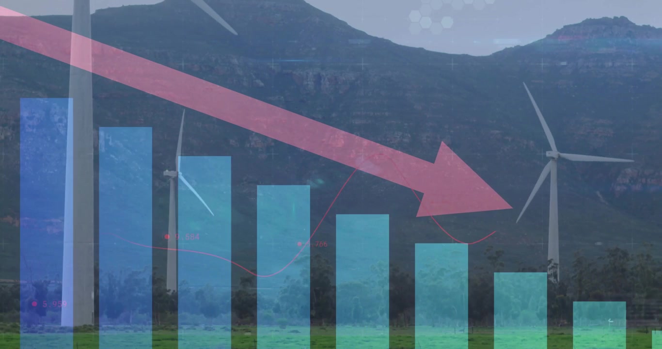 Wind turbines spinning on grassy plain showing translucent data bars and declining pink arrow