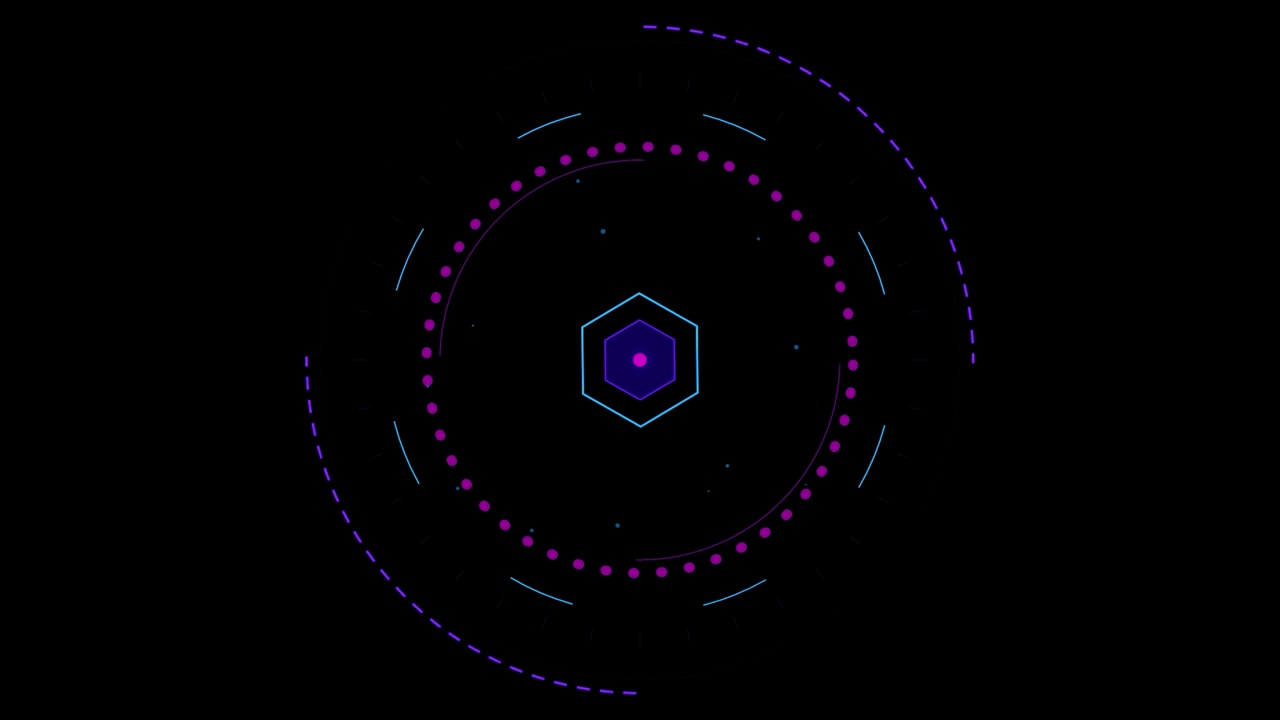 Futuristic Digital HUD Interface with Rotating Hexagon and Circular Elements