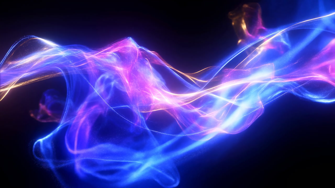 Neon Ribbon Waves In Vibrant Motion, Colorful Blue And Magenta Fluid Ribbons Flow Across Black Background,